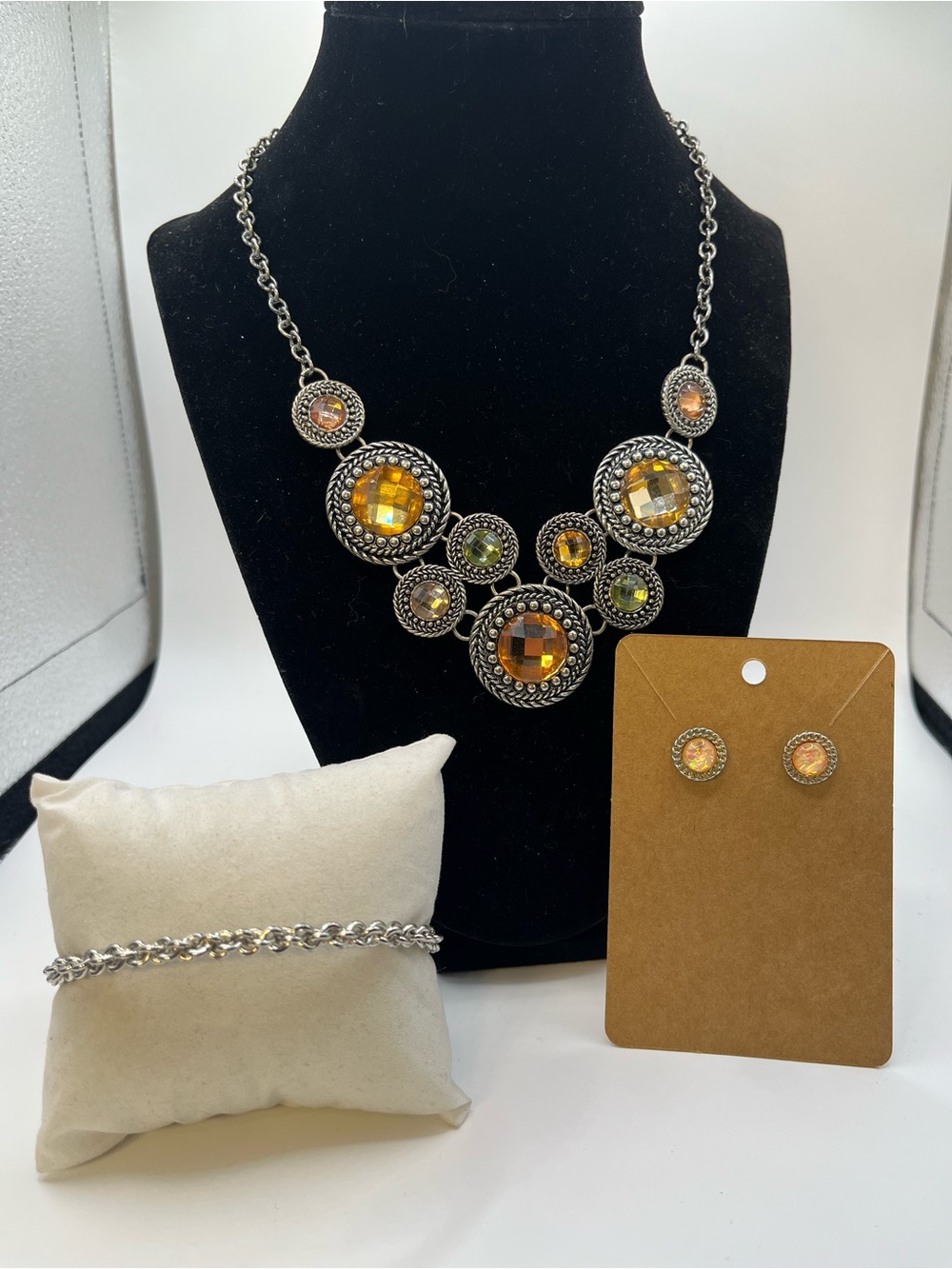 Amber Statement Necklace with Matching Stud Earrings - Women Jewelry
